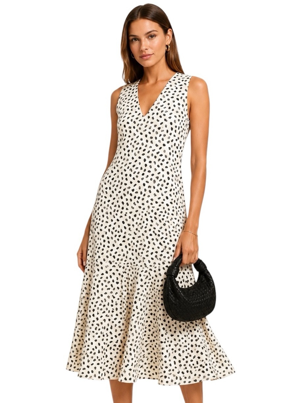 Hunter Bell Jensen Spotted Animal Print Ruffle Midi Dress Cream Black Size XS